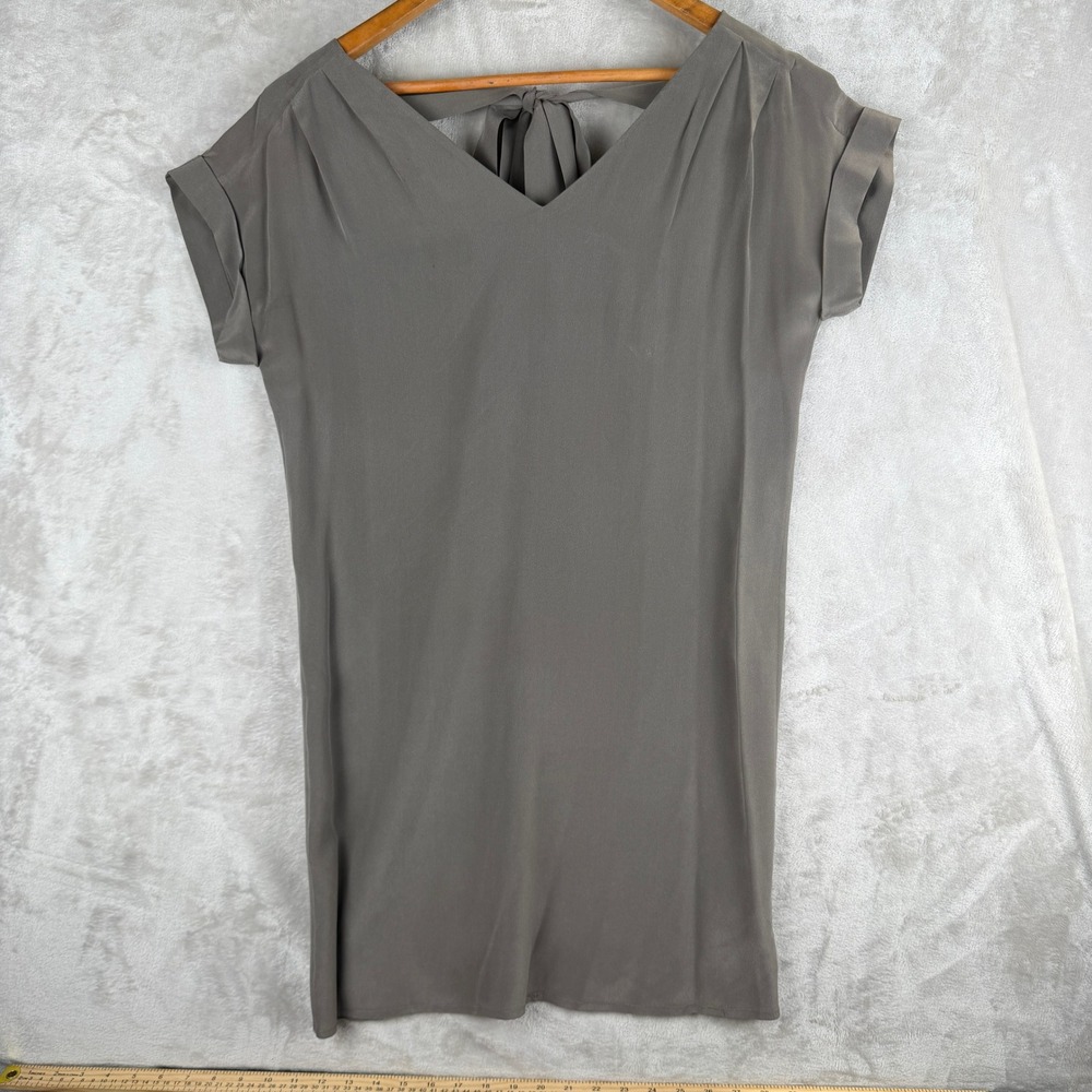 Cynthia Rowley Grey 100% Silk Shift Dress Tie Back V-Neck Size 4